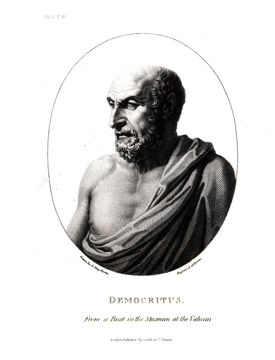 Démokritos (asi 460-370 př. n. l.), rytina z busty ve Vatikánském muzeu od Alexander Day