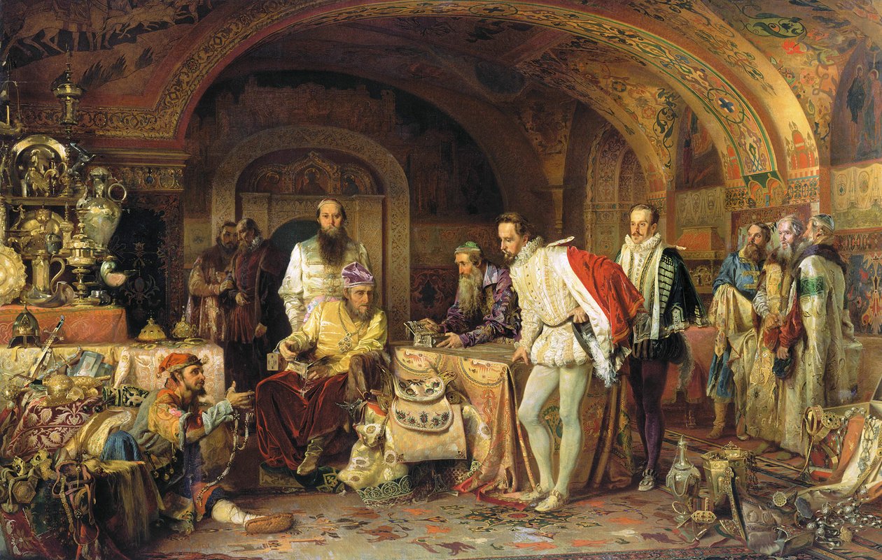 Ivan IV z Ruska demonstruje své poklady velvyslanci anglické královny Alžběty I., 1875 od Alexander Dmitrievich Litovchenko