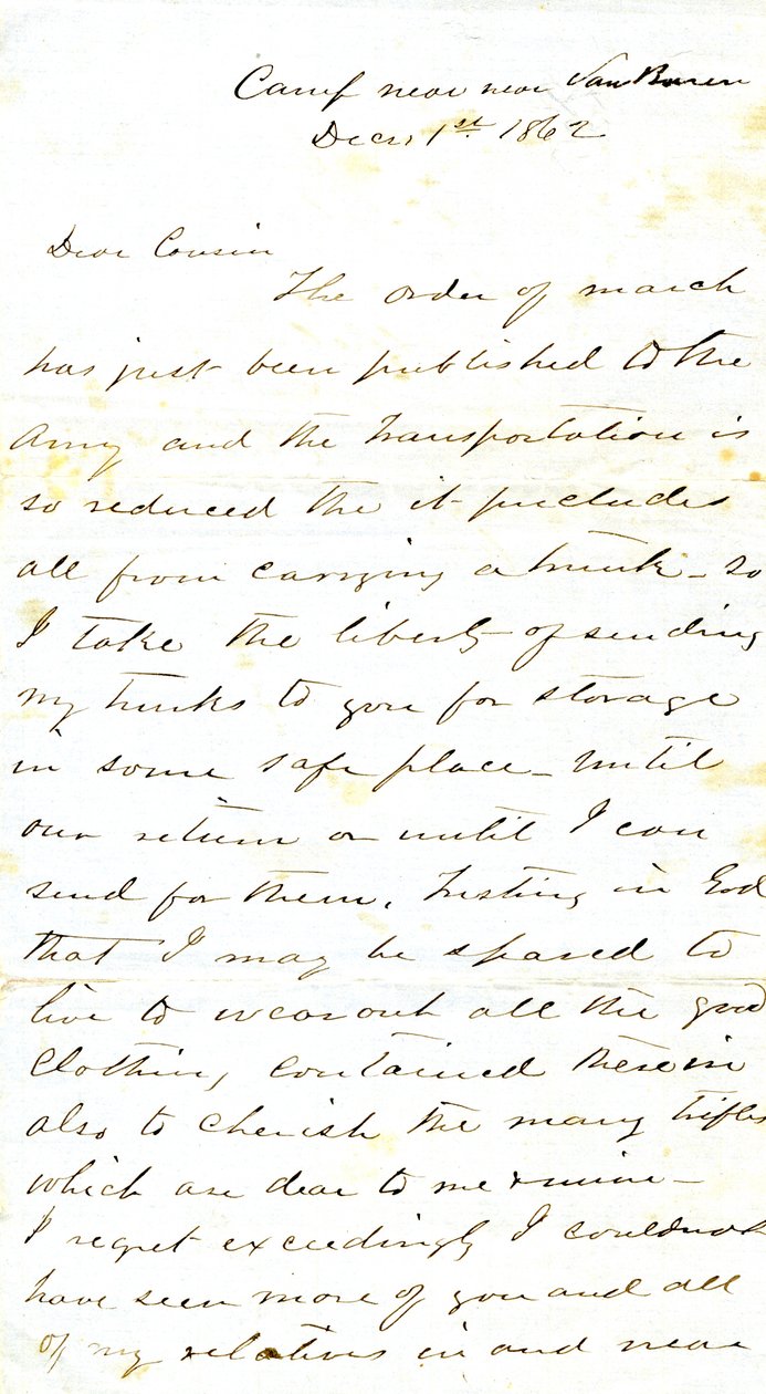Dopis podepsaný A.E. Steenovi, tábor poblíž Van Burenu, jeho sestřenici paní Mary Walkerové, Van Buren, Ark., 1. prosince 1862 od Alexander Early Steen