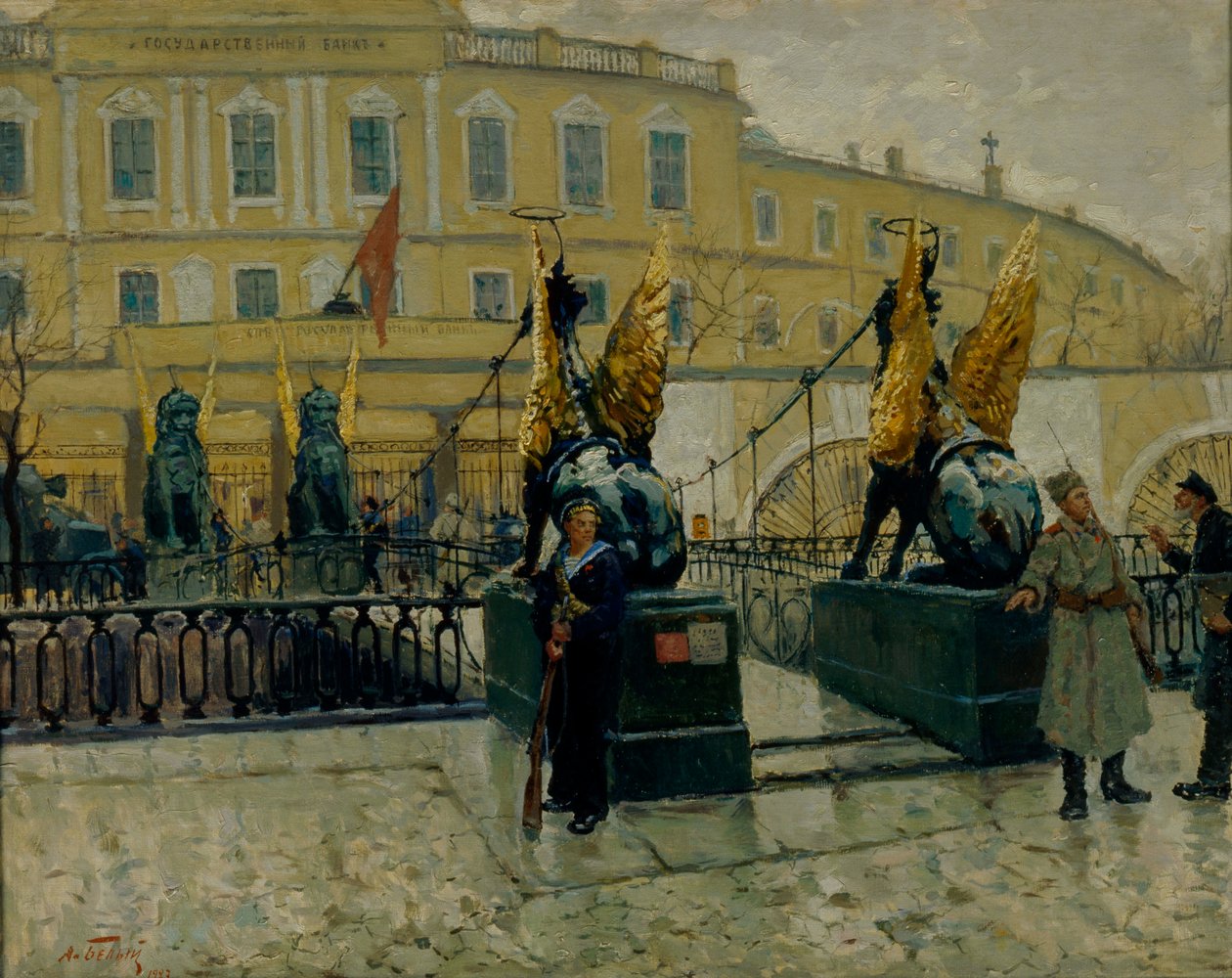 Revoluční námořníci střežící Petrohradskou státní banku, 1927. od Alexander Fyodorovich Bely
