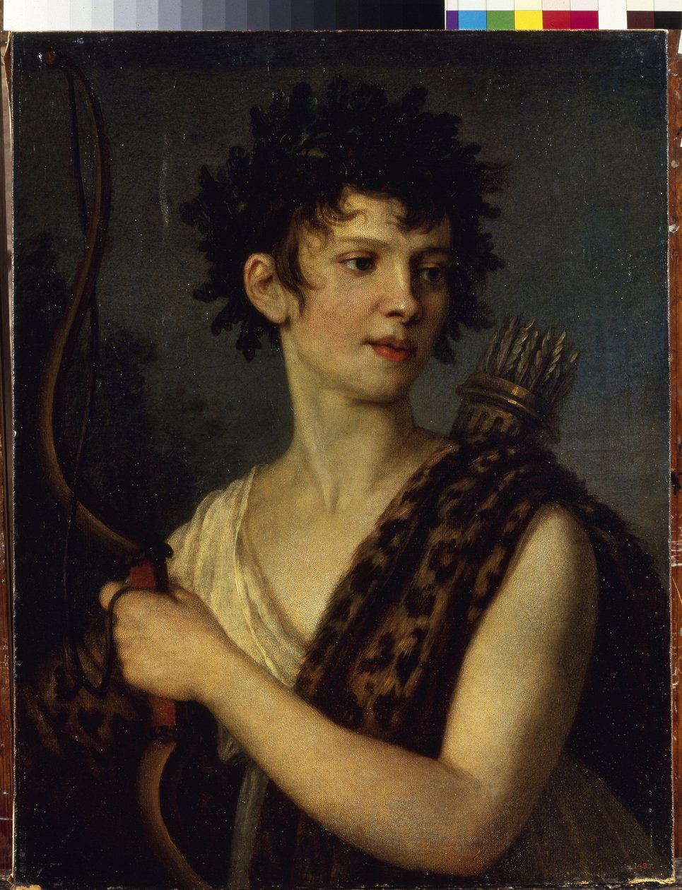Portrét herečky a baletky Evgenia Kolosové (1782-1869). (Portrét herečky a baletky E. Kolosové). Zobrazen drží luk a nese toulec naplněný šípy, korunovaný dubovými listy a oblečený v leopardí kůži. pei od Alexander Grigoryevich Vanek