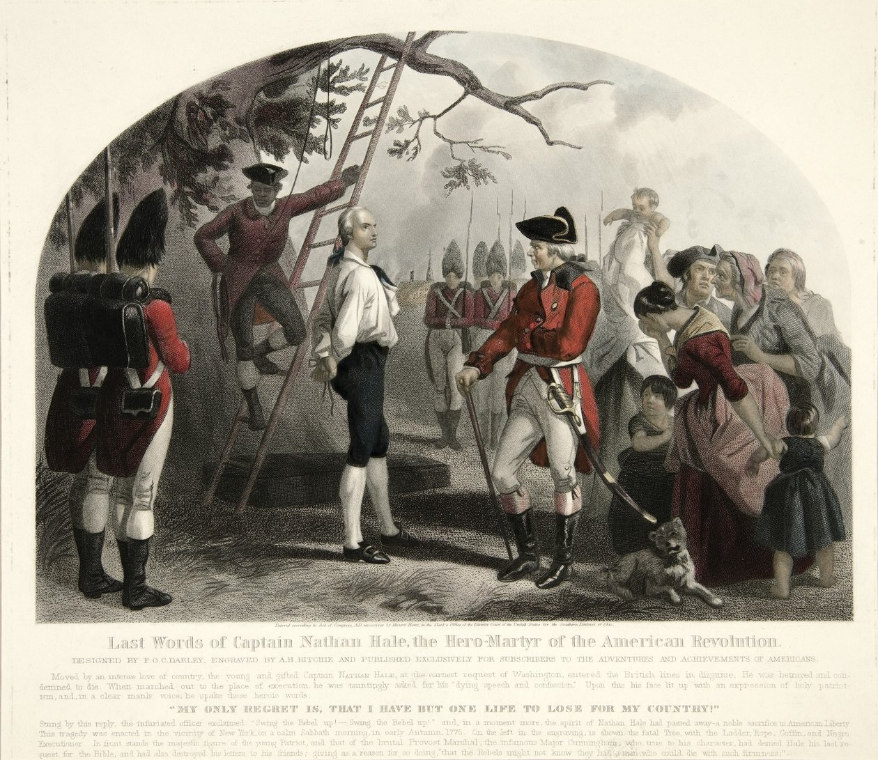 Poslední slova kapitána Nathana Halea?, hospoda. 1858 (ručně kolorovaná rytina) od Alexander Hay Ritchie