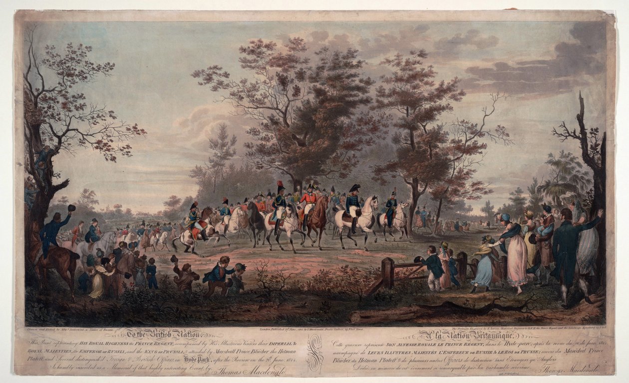 Frederic Guillaume (Frederic-Guillaume) III de Prusse (1770-1840) - Les souverains spojenci passant en revue a Hyde Park 1814 - princ Regent, William III Pruský, Alexander I (Alexandre I de Russie od Alexander Ivanovich Sauerweid