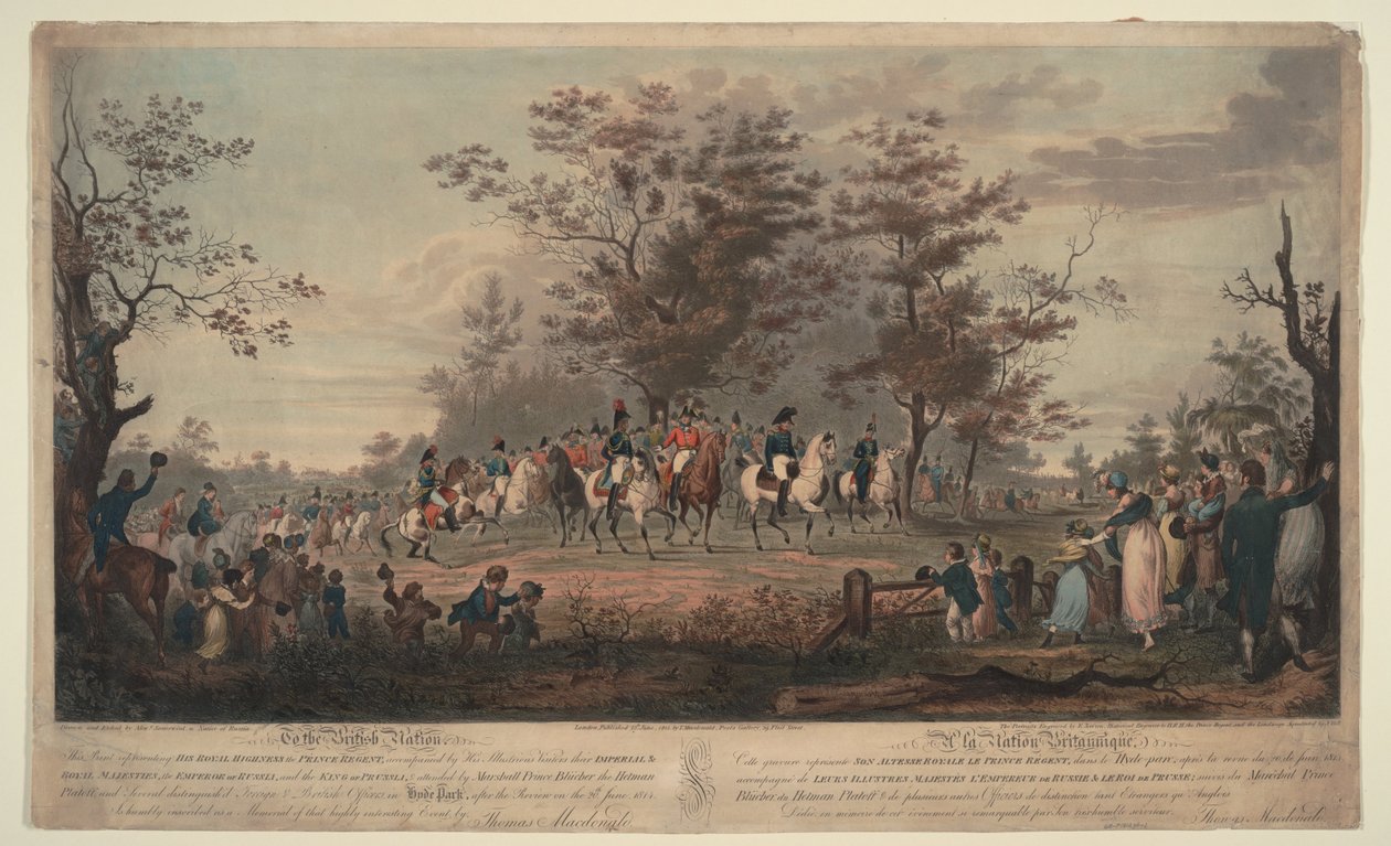 Princ regent, William III Pruský, Alexander I., generál Blücher a hejtman Platov hodnotí vojska od Alexander Ivanovich Sauerweid