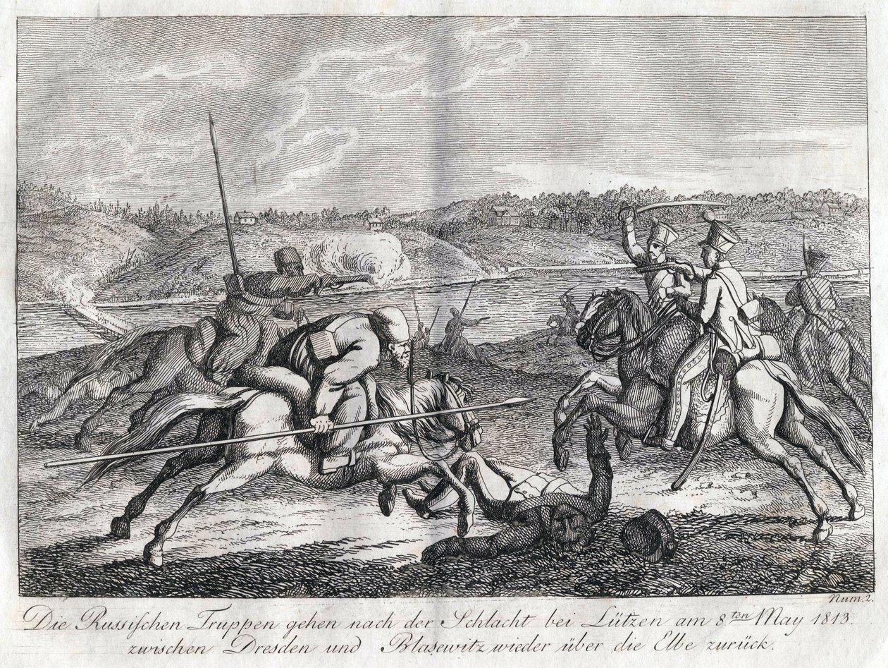 Ruské jednotky jdou po bitvě u Lutzenu zpět přes Labe - Sauerweid, Alexander Ivanovič (1783-1844) - 1813 - Lept - 21x26 - Soukromá sbírka od Alexander Ivanovich Sauerweid