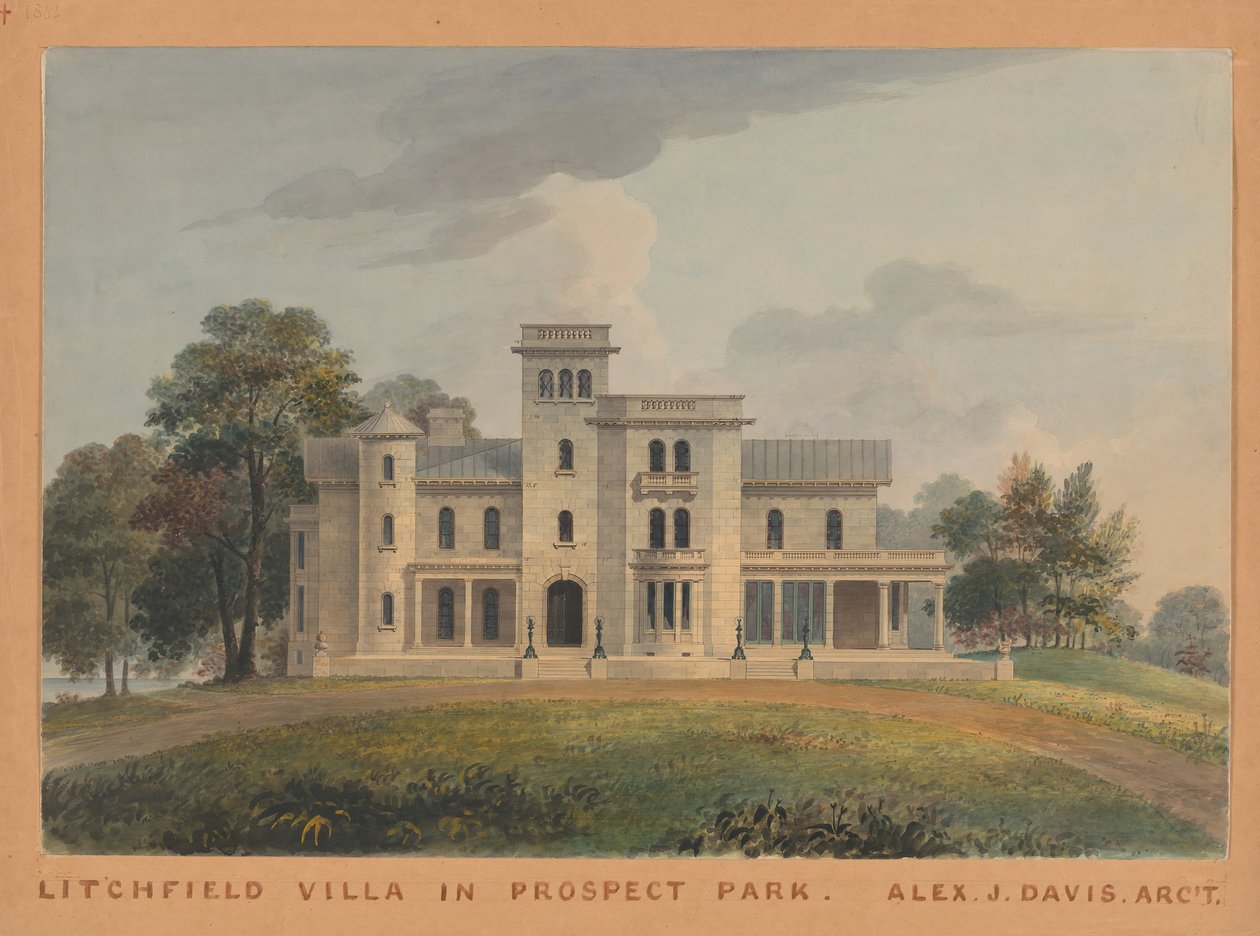 Grace Hill pro Edwina C. Litchfielda, Brooklyn, New York, přední elevace, 1854. od Alexander Jackson Davis