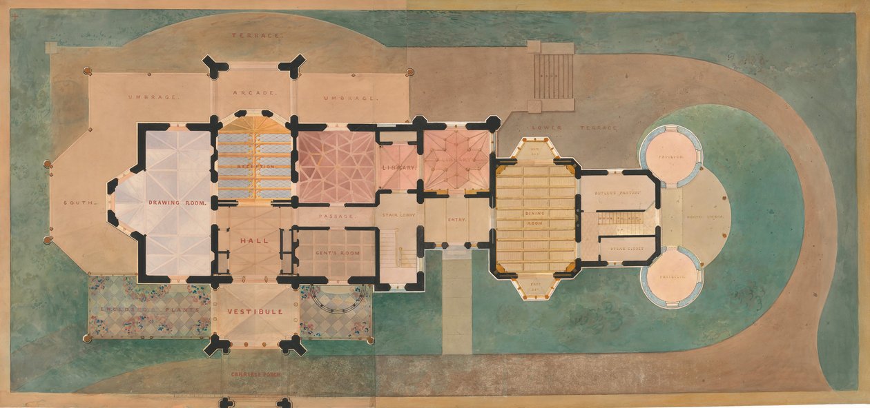 Lyndhurst pro George Merritt, Tarrytown, New York, první půdorys prvního podlaží, 1865. od Alexander Jackson Davis