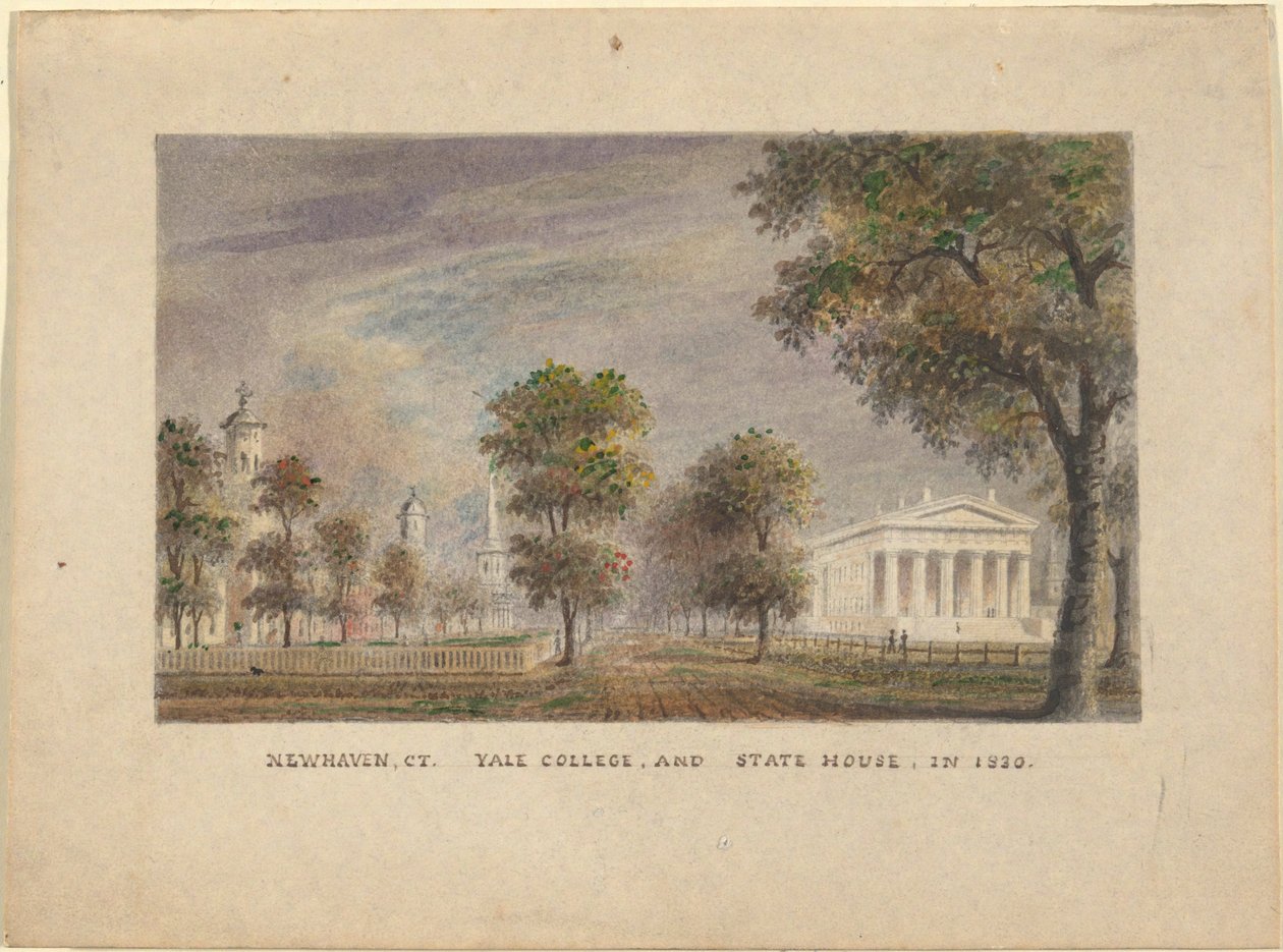 New Haven CT. Yale College a State House v roce 1830 od Alexander Jackson Davis