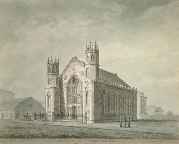 Kostel svatého Tomáše, Broadway, New York City, cca 1829 (akvarel na papíře) od Alexander Jackson Davis