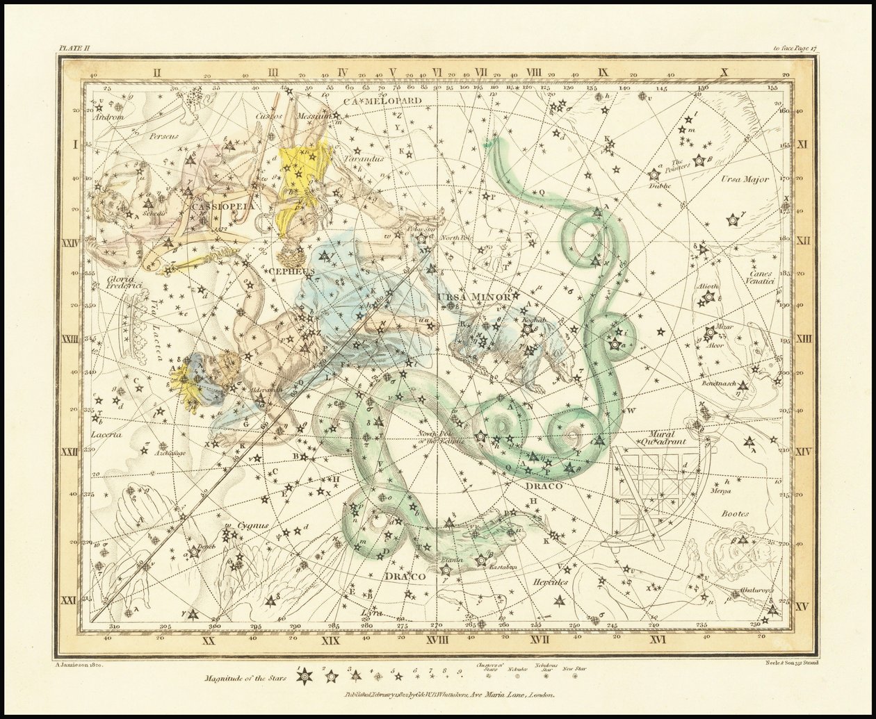 1822 - Alexander Jamieson - Ursa Minor - Malý medvěd zobrazující také Kasiopeju, Draka a Cefea od Alexander Jamieson