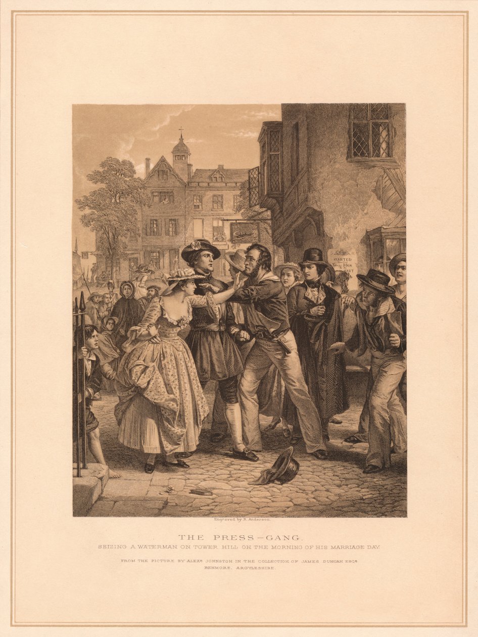 „The Press-Gang: Zabavení vodníka na Tower Hill ráno jeho svatby“, 1878 od Alexander Johnston