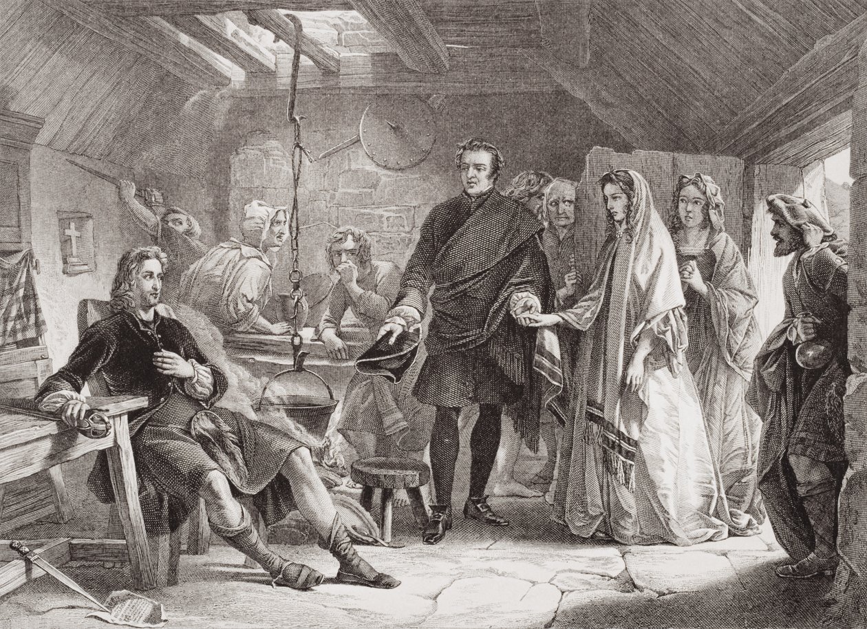 První setkání prince Charlese a Flory Macdonald na ostrově South Uist, 1747, z „Ilustrace anglické a skotské historie“ svazek II od Alexander Johnston