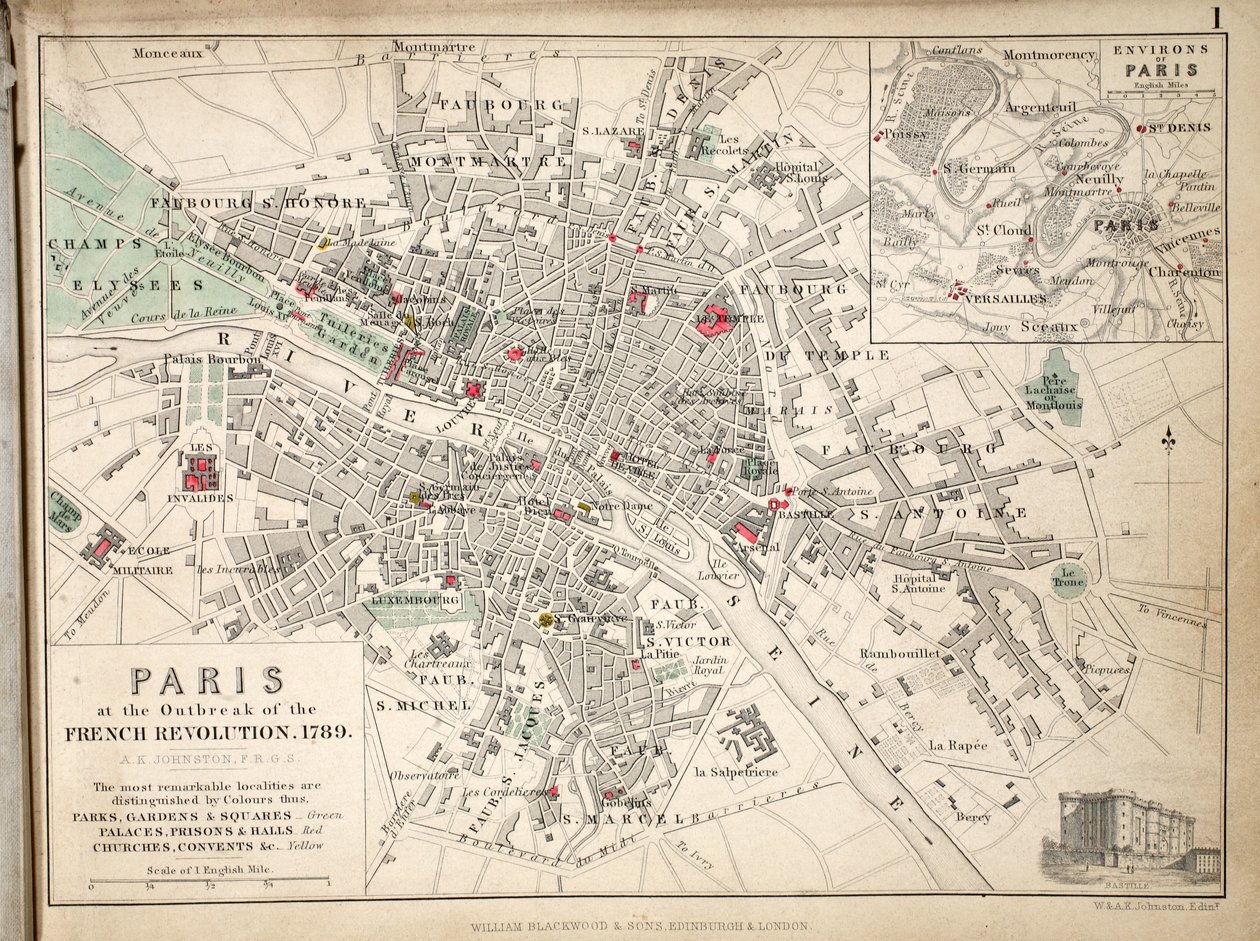 Mapa Paříže v době vypuknutí Francouzské revoluce, 1789, vydaná společností William Blackwood and Sons, Edinburgh und London, 1848 (ručně kolorovaná rytina) od Alexander Keith Johnston