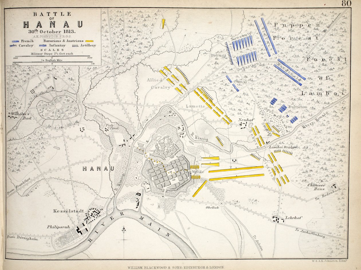Mapa bitvy u Hanau, kterou vydal William Blackwood and Sons, Edinburgh und London, 1848 (ručně kolorovaná rytina) od Alexander Keith Johnston