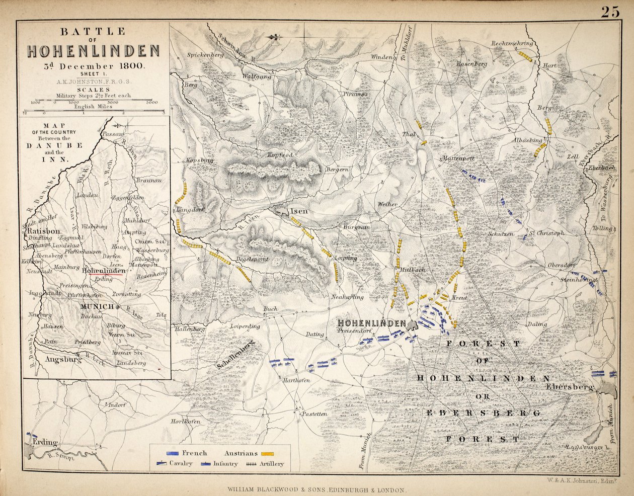 Mapa bitvy u Hohenlindenu, kterou vydal William Blackwood and Sons, Edinburgh und London, 1848 (ručně kolorovaná rytina) od Alexander Keith Johnston