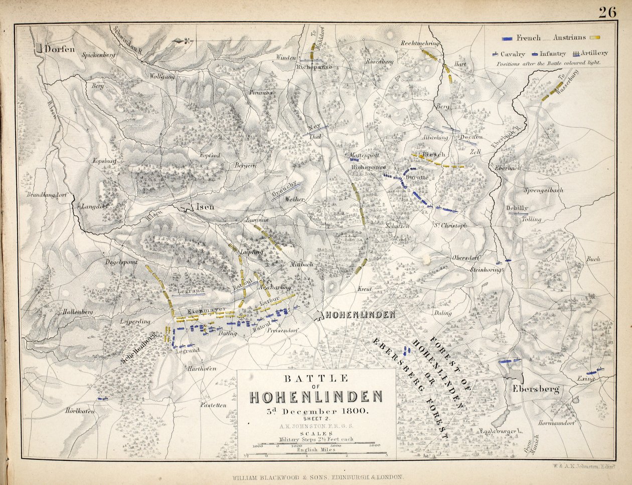 Mapa bitvy u Hohenlindenu, kterou vydal William Blackwood and Sons, Edinburgh und London, 1848 (ručně kolorovaná rytina) od Alexander Keith Johnston