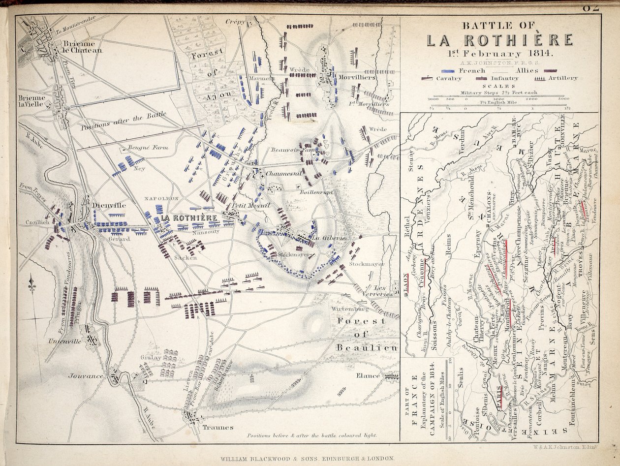 Mapa bitvy u La Rothiere, vydaná společností William Blackwood and Sons, Edinburgh und London, 1848 (ručně kolorovaná rytina) od Alexander Keith Johnston