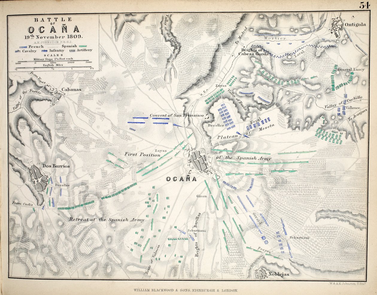 Mapa bitvy u Ocany, kterou vydal William Blackwood and Sons, Edinburgh und London, 1848 (ručně kolorovaná rytina) od Alexander Keith Johnston