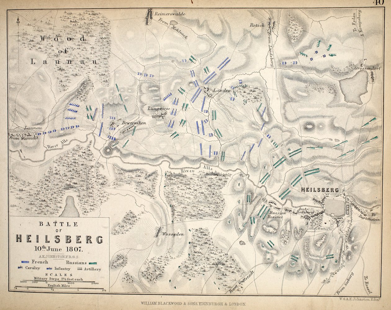 Mapa Heilsbergu, kterou vydal William Blackwood and Sons, Edinburgh und London, 1848 (ručně kolorovaná rytina) od Alexander Keith Johnston