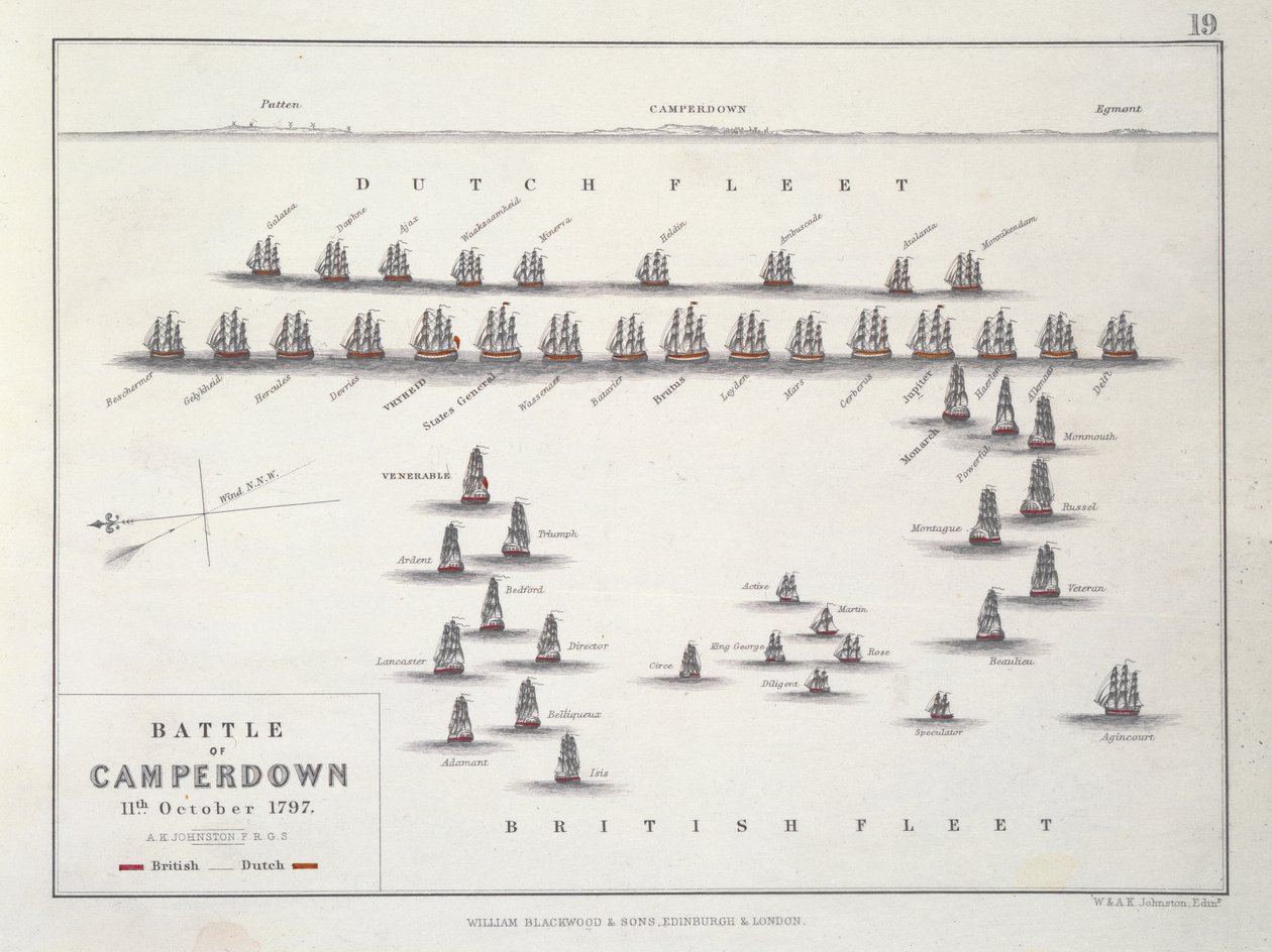 Plán bitvy u Camperdownu, 11. října 1797, kolem 30. let 19. století od Alexander Keith Johnston
