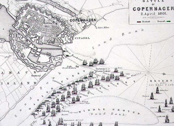 Plán bitvy u Kodaně, 2. dubna 1801, kolem 30. let 19. století (rytina) od Alexander Keith Johnston