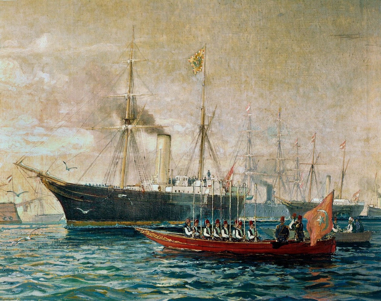 Příjezd císaře Františka Josefa I. na palubě jeho lodi Greif do Port Saidu na otevření Suezského průplavu... (malba na plátně) od Alexander Kirchner