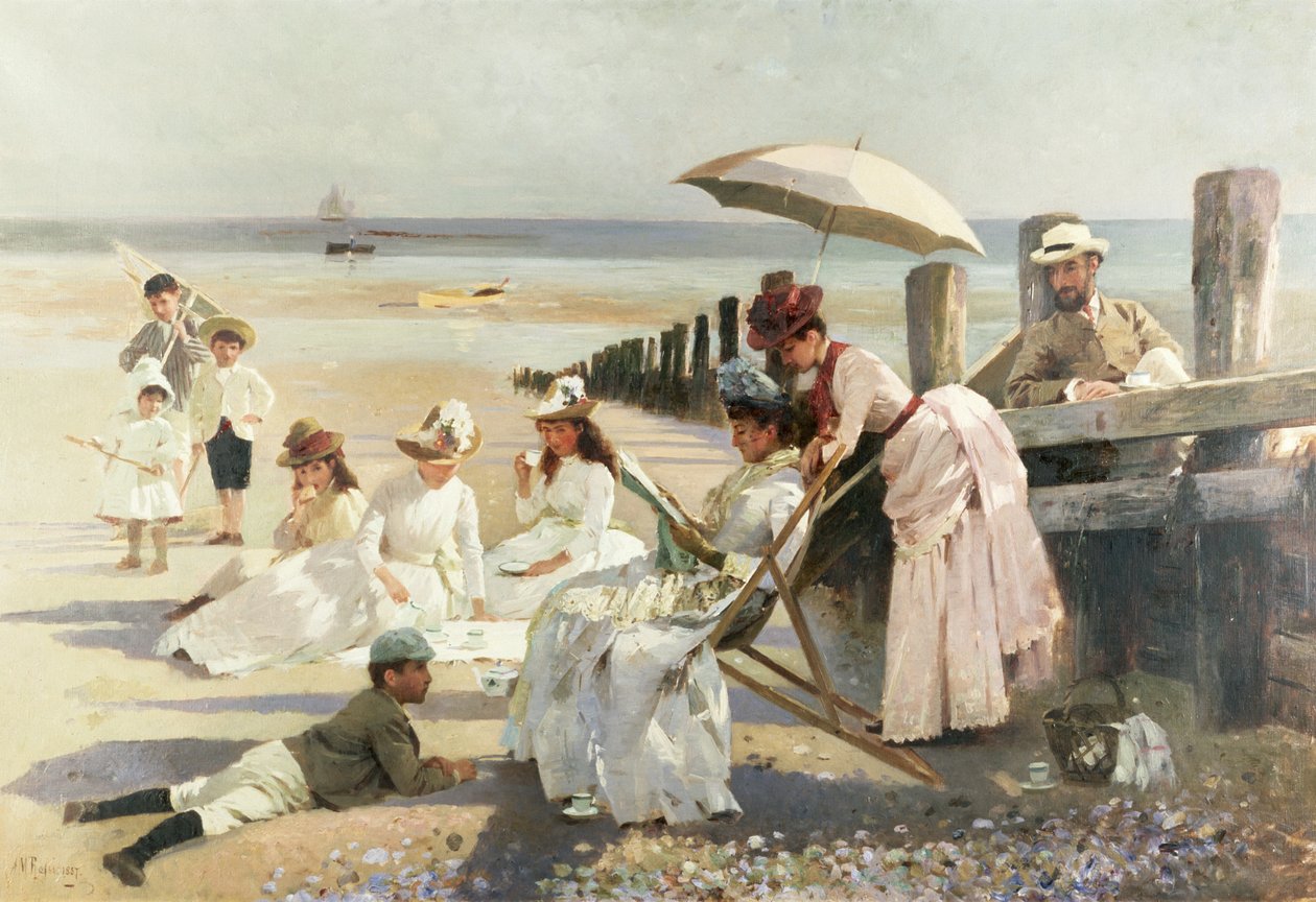 Na pobřeží Bognor Regis - Portrétní skupina Harfordského páru a jejich dětí, 1887 od Alexander M. Rossi