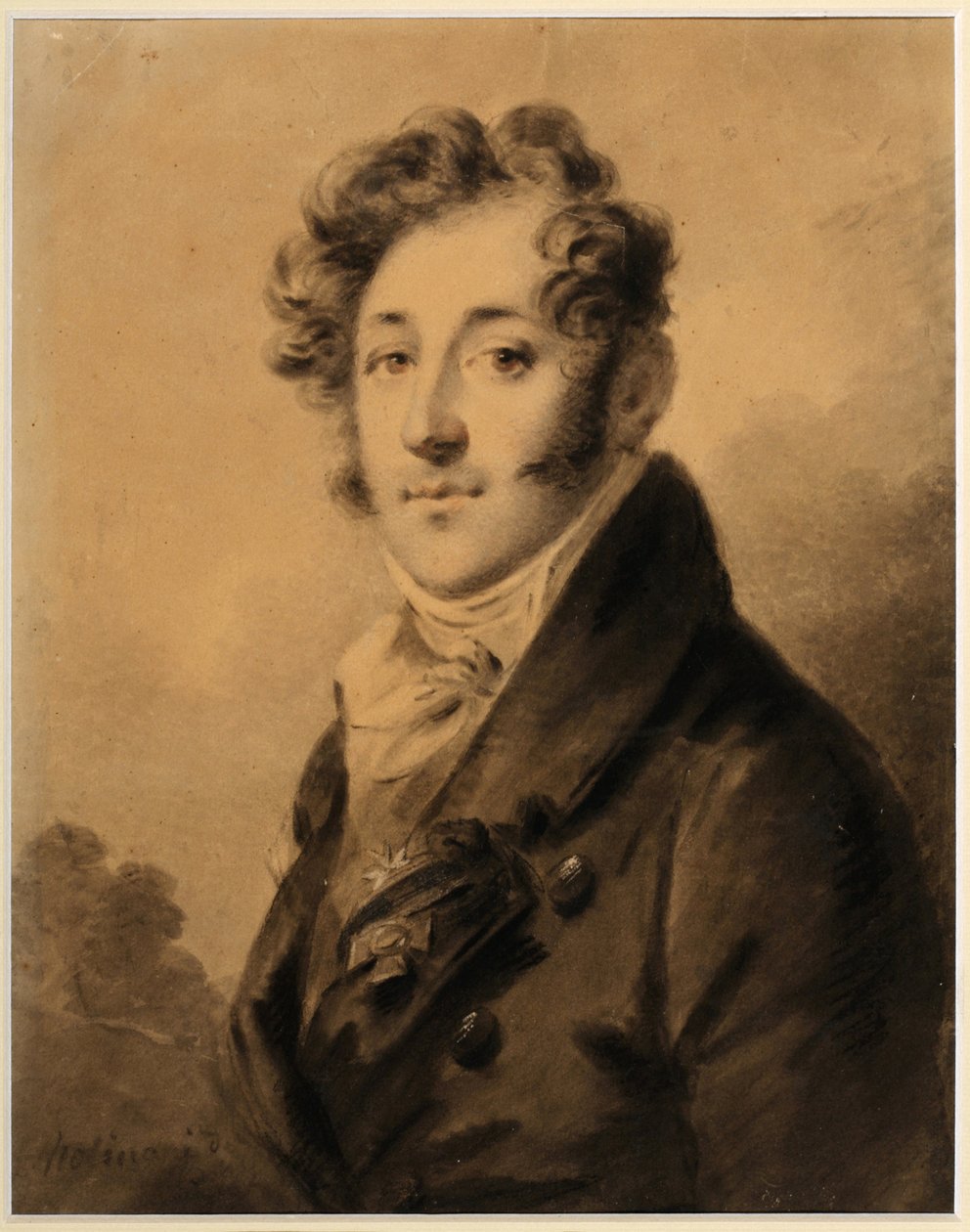 Portrét Konstantina Jakovleviče Bulgakova (1782-1835) - Dílo Alexandra (Alexandra) Molinariho (1772-1831), Sangvinik a křída na papíře, cca 1800, 28x22,3 cm - (Portrét Konstantina Jakovleviče Bulgakova, sangvinik, černá chalk bílá barva na od Alexander Molinari
