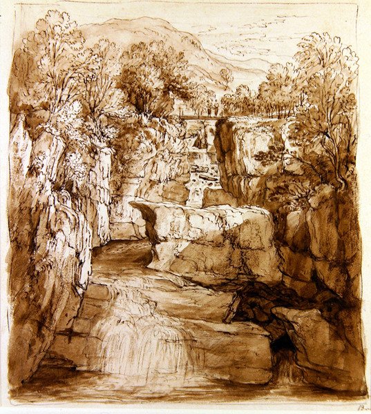 The Bracklinn Falls, Perthshire, cca 1810 (pero a hnědý inkoust s mytím na papíře) od Alexander Nasmyth