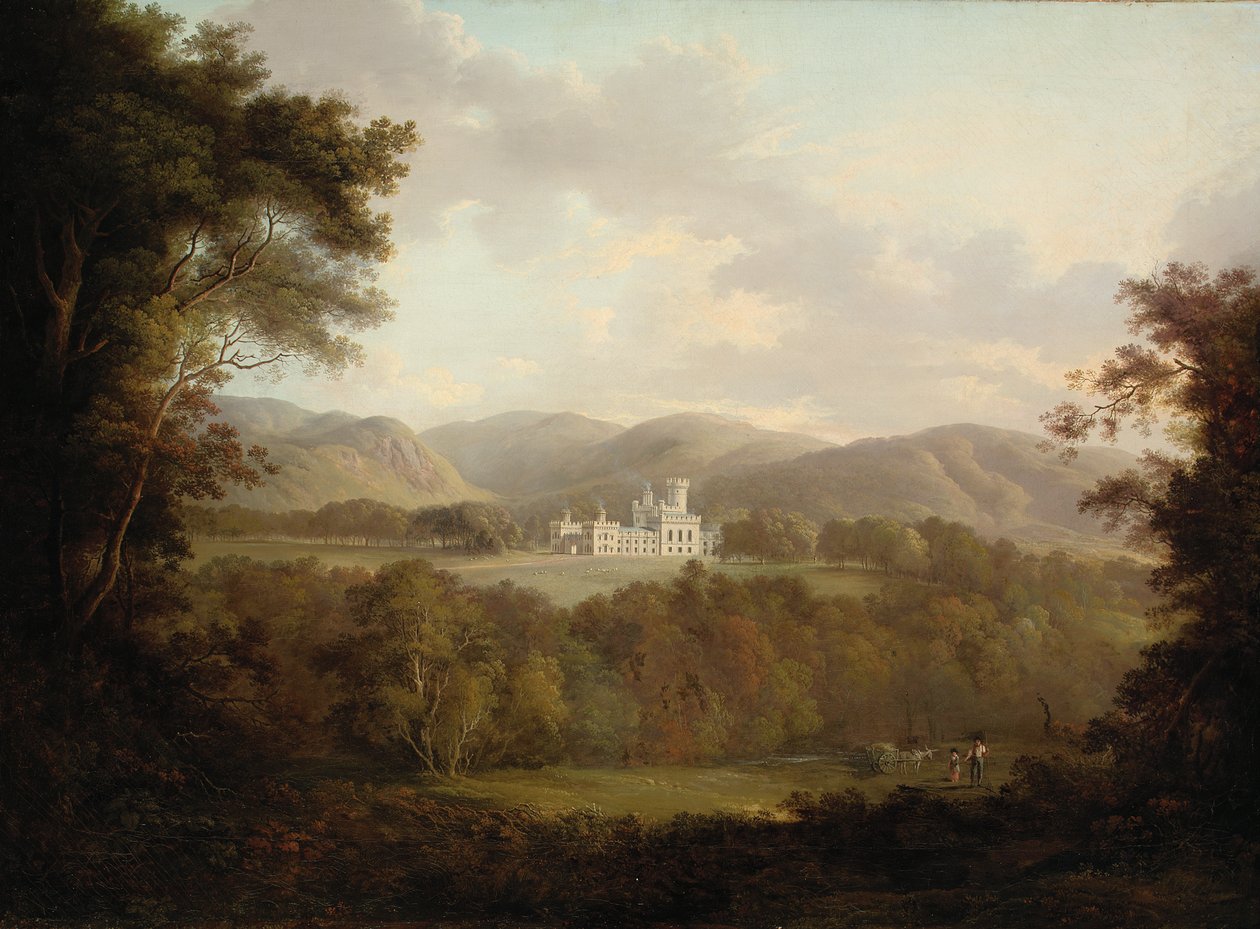 Pohled na hrad Dreghorn, Midlothian, s postavami a vozíkem na seno v popředí (olej na plátně) od Alexander Nasmyth