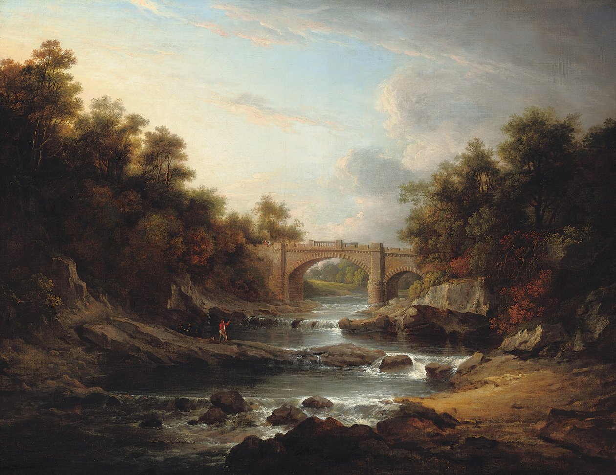 Pohled na řeku Almond poblíž Edinburghu s mostem Almondell a rybářem od Alexander Nasmyth