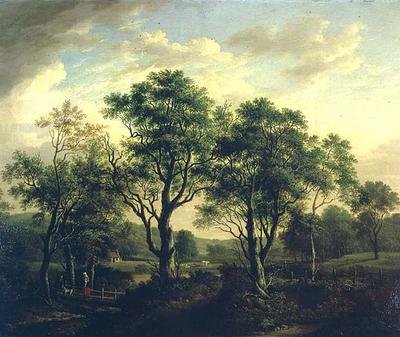 Zalesněná říční krajina s postavami a dobytkem (olej na plátně) od Alexander Nasmyth