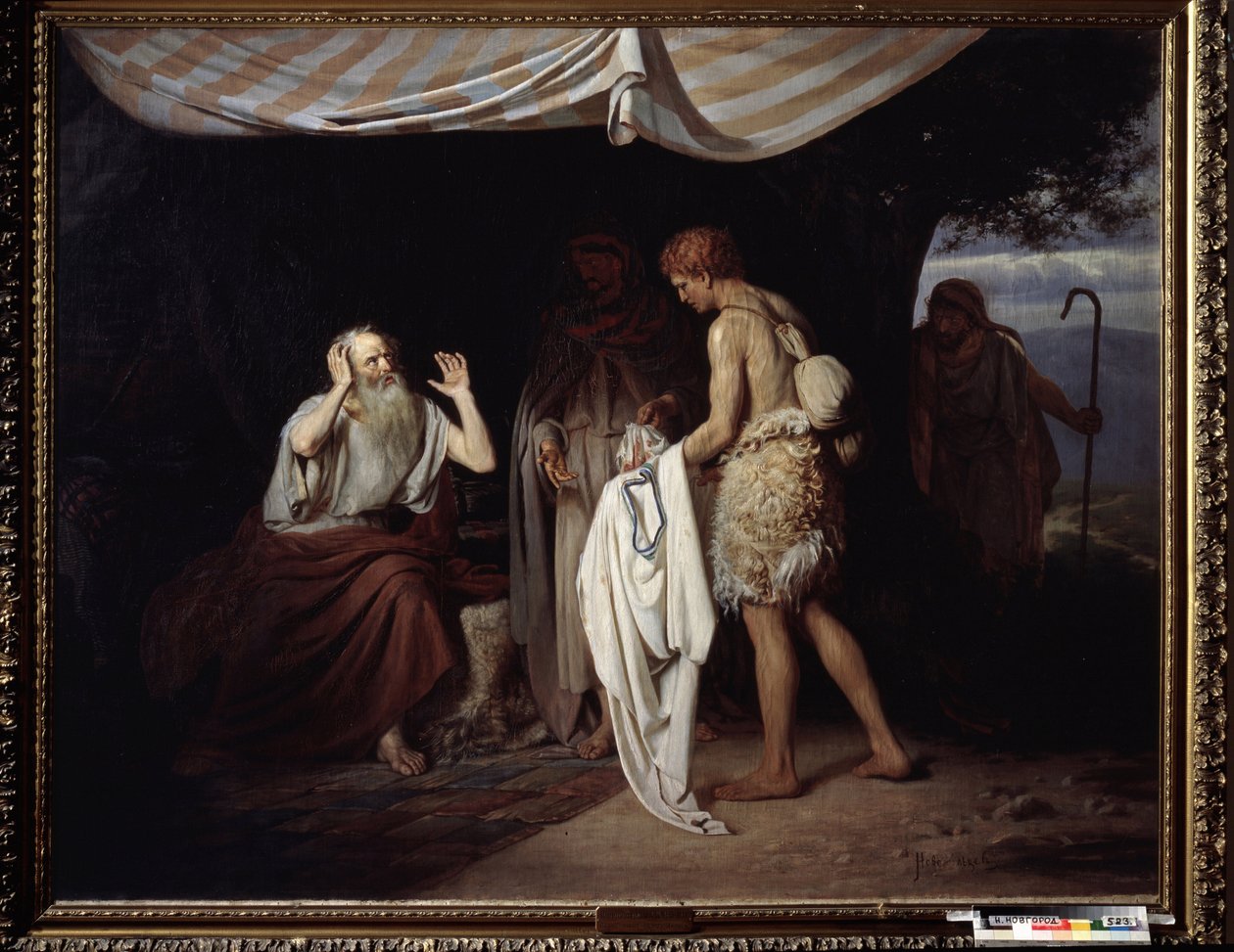 Josephův krvavý kabát přinesený Jacobovi. Poté, co bratři prodali svého bratra Josefa do otroctví v Egyptě, žárlili na to, že jejich otec dává Josefovi přednost, darují jeho tuniku Jákobovi, aby mu od Alexander Nikanorovich Novoskoltsev