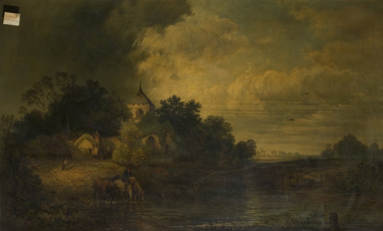 Romantická krajina s pitím koní, konec 19. století od Alexander Panton
