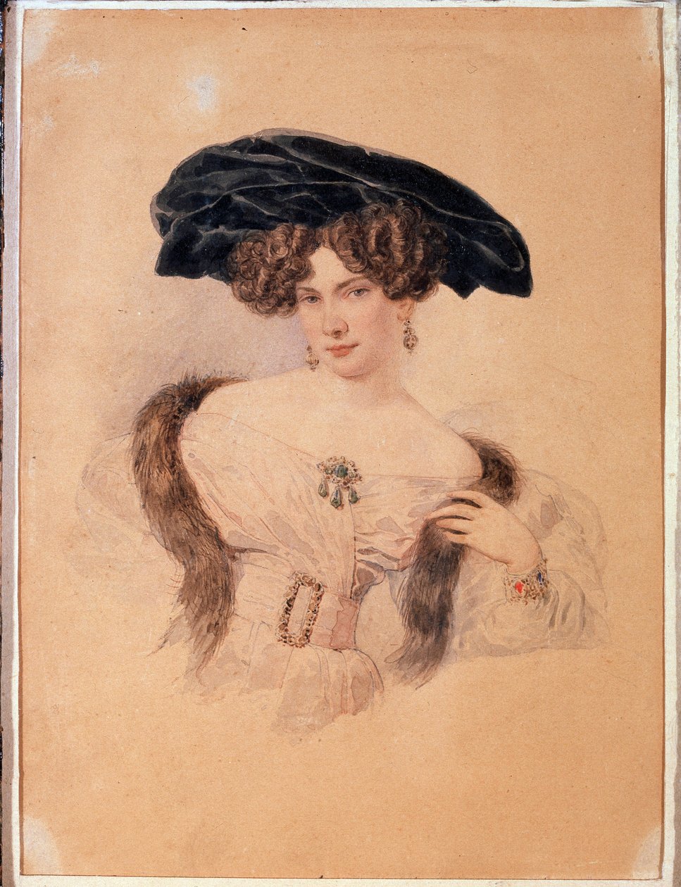 Portrét umělce Jevdokije Bakuniny (1793-1882) v černém baretu (Portrét umělce Jevdokije Bakuniny v černém baretu). Umělecké dílo Alexandra Pavloviče Briullova (Alexander Briullov) (1798-1877). Akvarel na papíře od Alexander Pavlovich Briullov