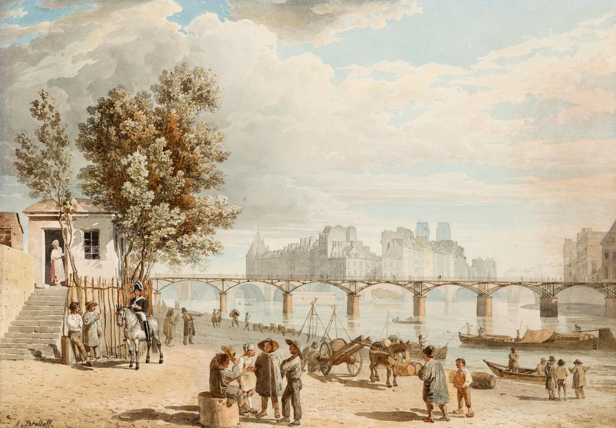 Vue de Paris - Pont des Arts (Francie) (Pohled na Paříž) - Dílo Alexandra Pavloviče Briullova (Alexandre Brioullov) (1798-1877), akvarel na papíře (21x30 cm), ruské umění 19. století, romantismus - Soukromá sbírka od Alexander Pavlovich Briullov