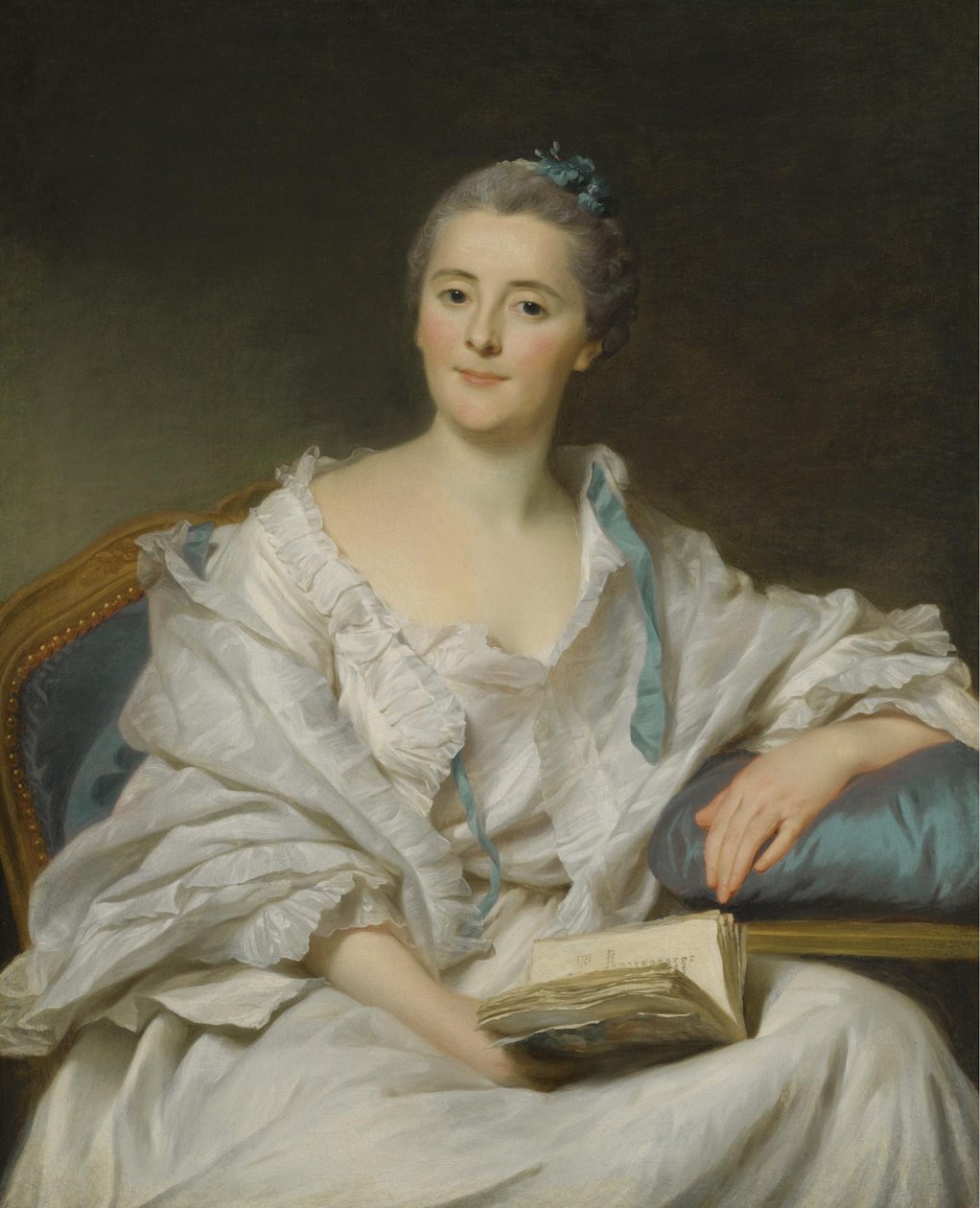 Portrét Marie-Françoise Julie Constance Filleul, markýza de Marigny s knihou od Alexander Roslin