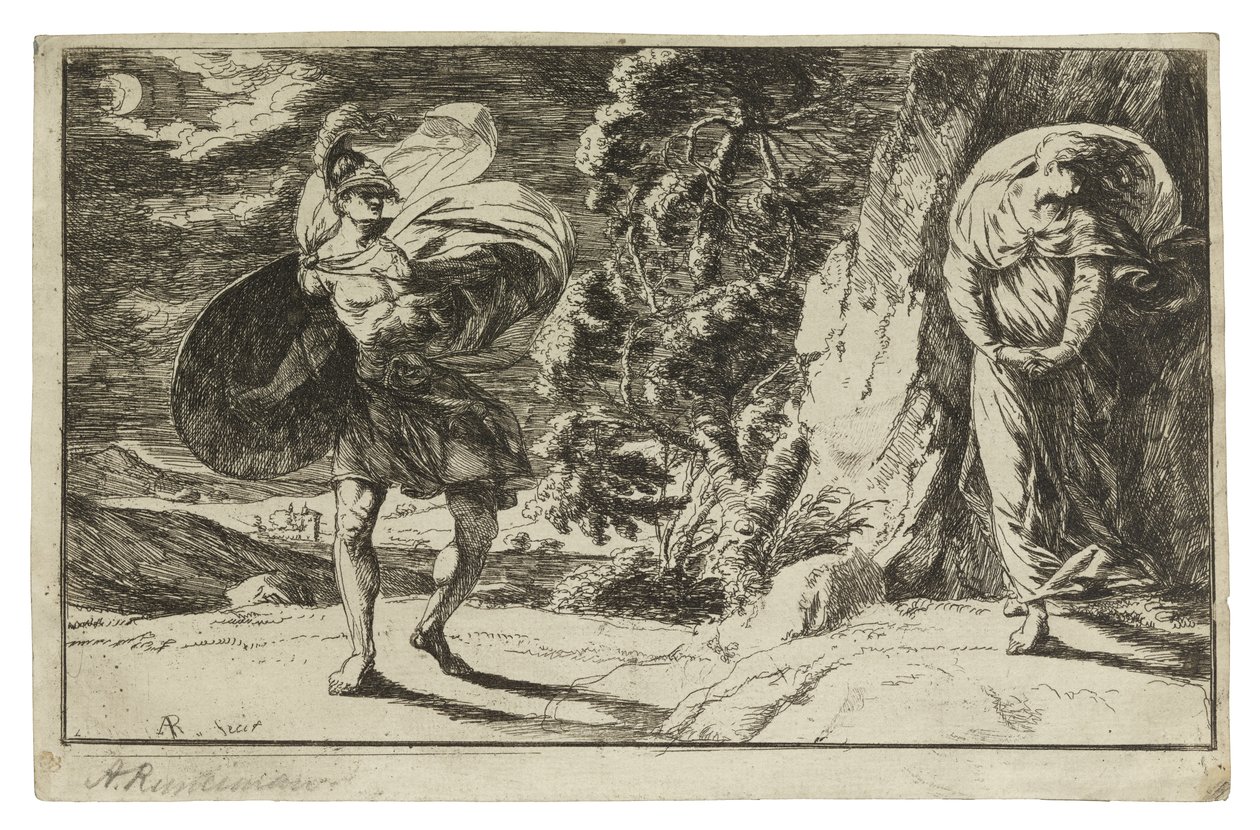 Fingal Encounters Carbon Carglass, c. 1774 (lept na krémově tkaný papír) od Alexander Runciman