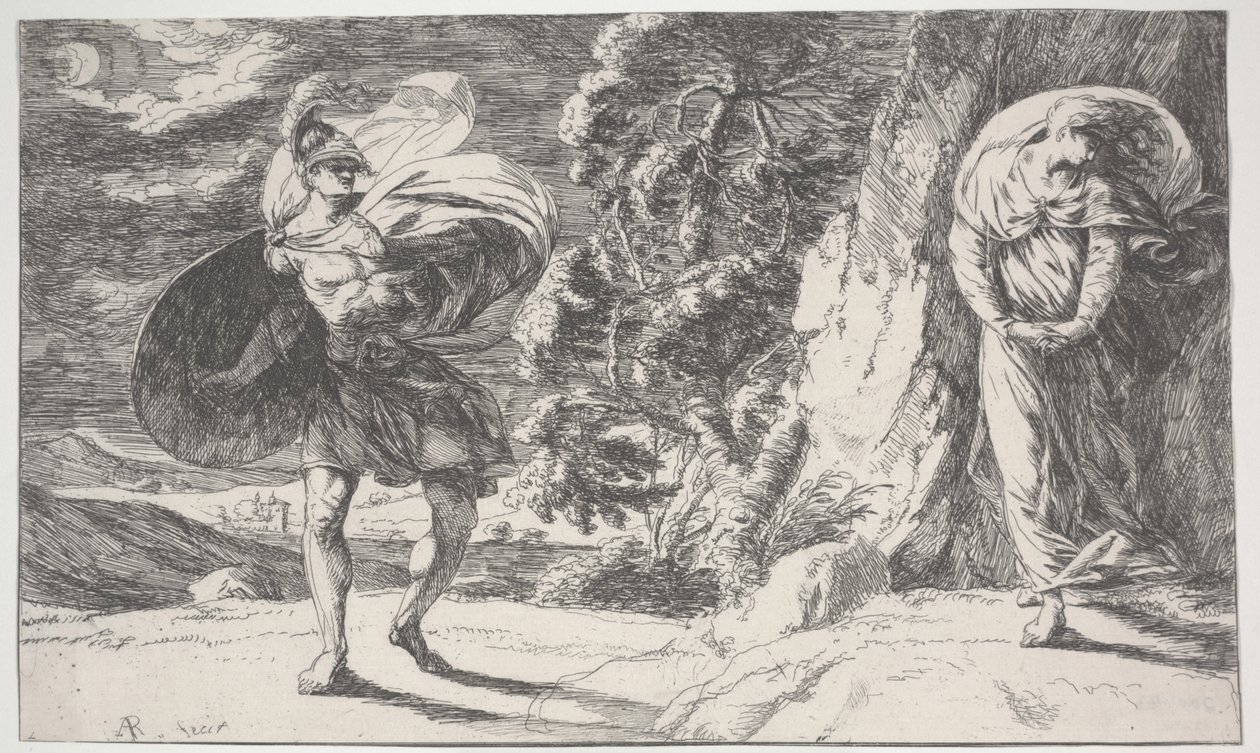 Fingal Encounters Carbon Carglass, poprvé vytištěno kolem roku 1773 (lept) od Alexander Runciman