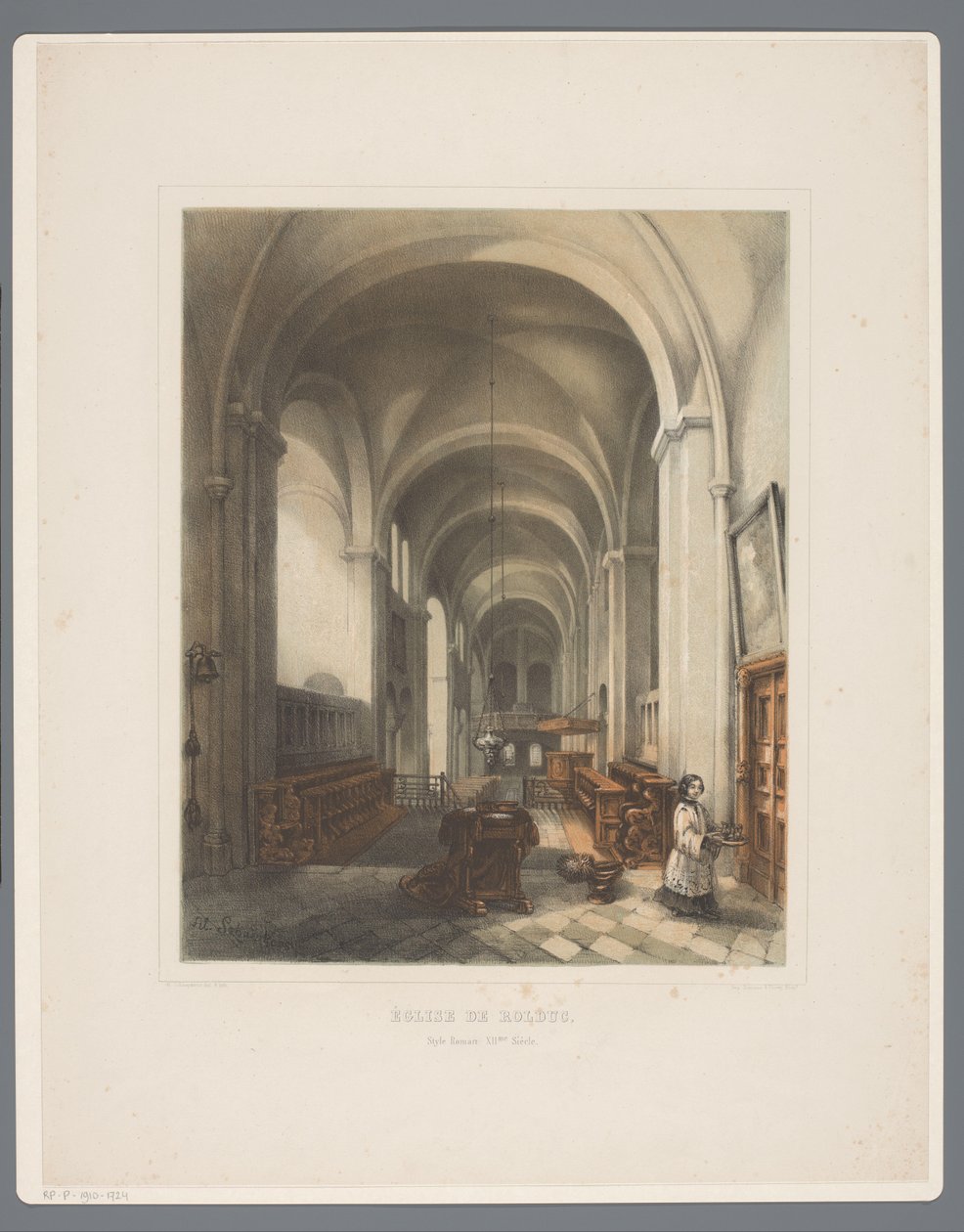 Interiér kostela opatství Rolduc Abbey Church Église de Rolduc, styl Roman XIIme Siècle (název na objektu) Rolduc et ses environs (název série) od Alexander Schaepkens
