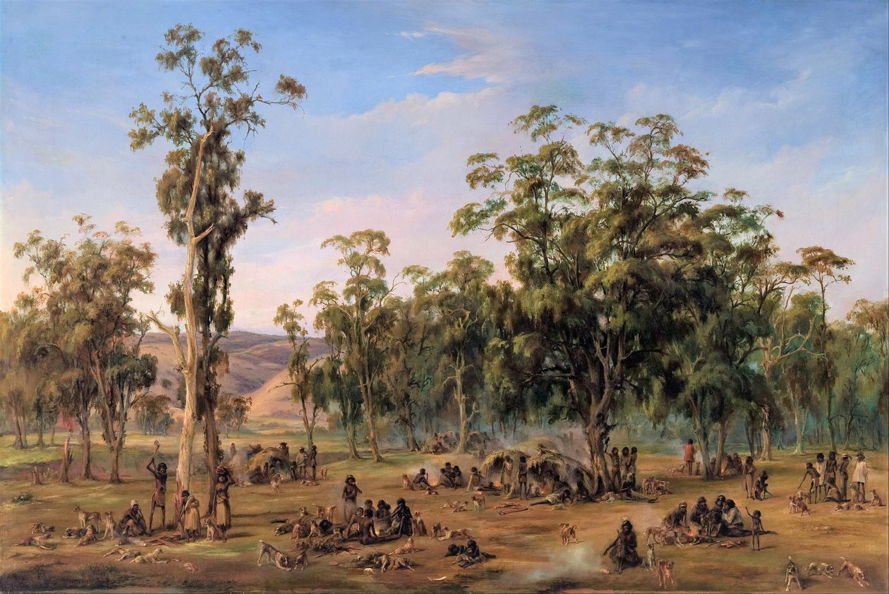 Tábor domorodců, poblíž podhůří Adelaide od Alexander Schramm