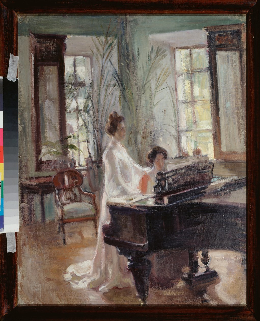 Dans le salon deception (V přijímací místnosti) - Dvě ženy tvoří hudbu, zpívají a hrají na klavír - Dílo Alexandra Valentinoviče Sredina (Sredine) (1872-1934), olej na kartonu - Ruské umění konce 19.-začátek 20. století, modernismus - Regionální Ar od Alexander Sredin