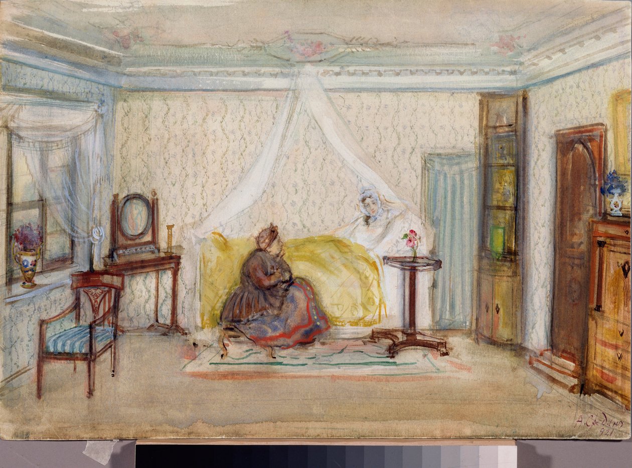 Scénický návrh k opeře "Eugene Oněgin" od Piotra Čajkovského (1840-1893) (scéna k opeře Evžen Oněgin od P. Čajkovského) - Oeuvre de Alexander Valentinovič Sredin (Sredine) (1872-1934), akvarel a bílá na papíře od Alexander Sredin
