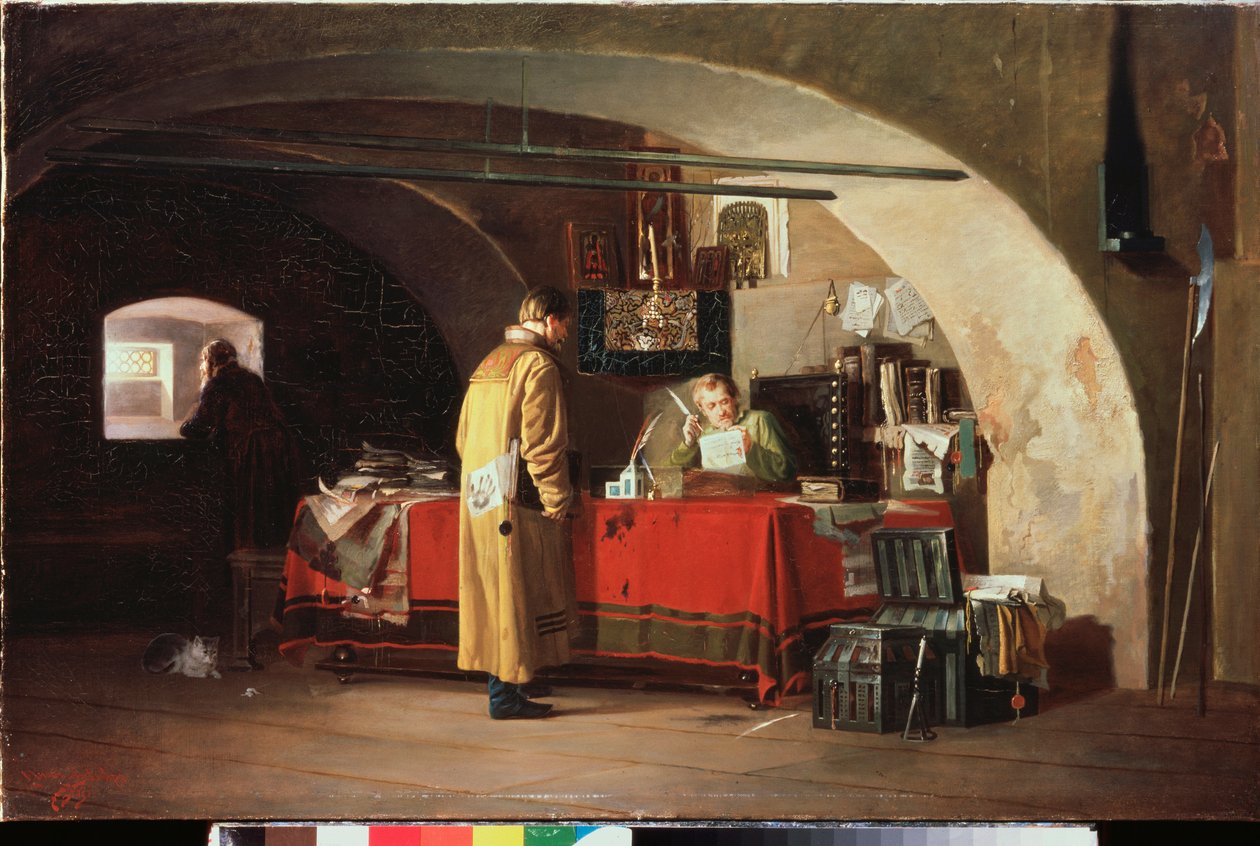 Správní úřad v Moskevském knížectví (Kancelář v Muscovy) - obraz Alexandra Stepanoviče Yanova (1857-1918), olej na plátně od Alexander Stepanovich Yanov