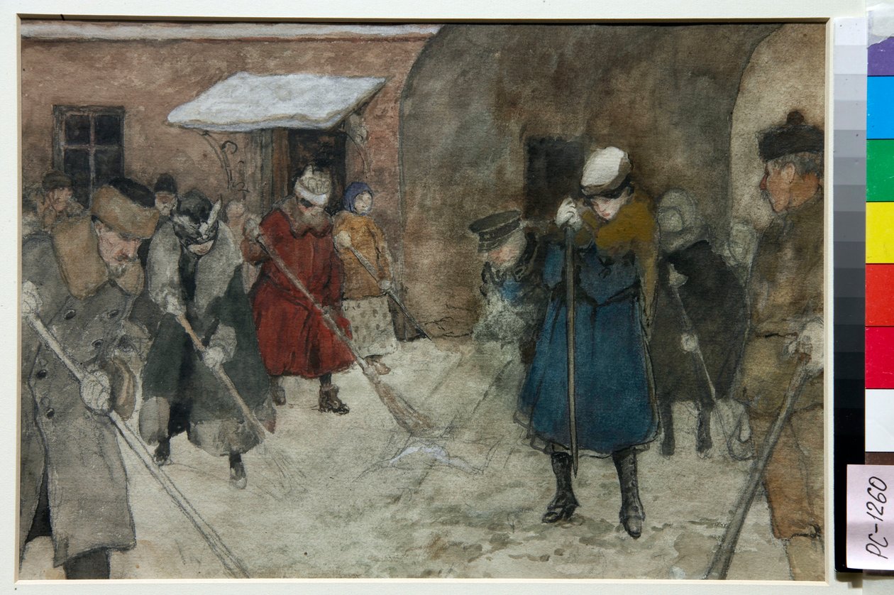 Lidé v zimě zametají sníh na ulici - Umělecké dílo Alexandra Ivanoviče Vakhramejeva (1874-1926), cca 1921 - Odklízení sněhu - Akvarel, bílá barva, černá křída na papíře od Alexandra Ivanoviče Vakhramejeva (1874-1926), cca 1921 - 21,4x29 0,5 cm - sv od Alexander Vakhrameyev