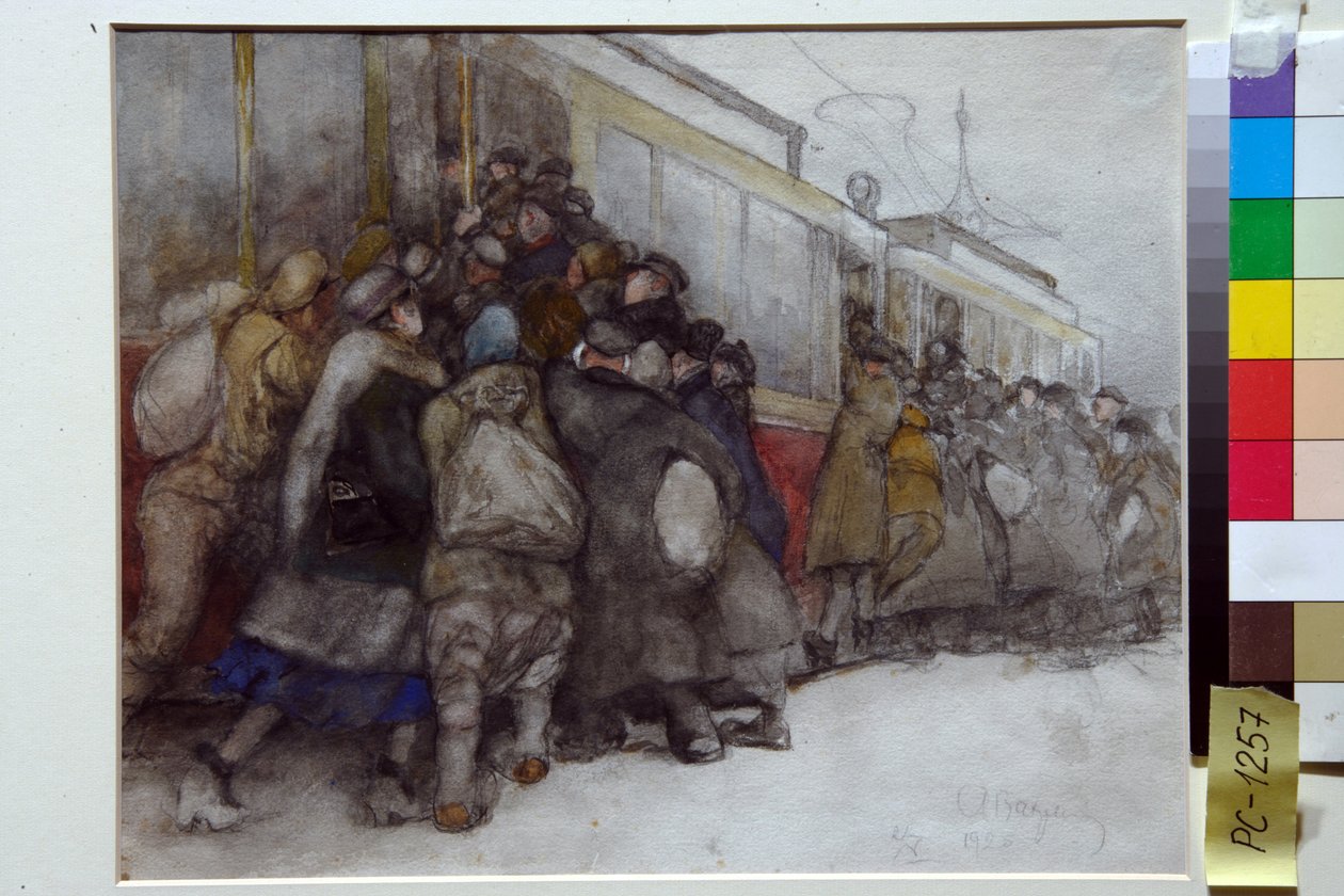Lidé se snaží nastoupit do již plné tramvaje - Umělecké dílo Alexandra Ivanoviče Vakhramejeva (1874-1926) od Alexander Vakhrameyev