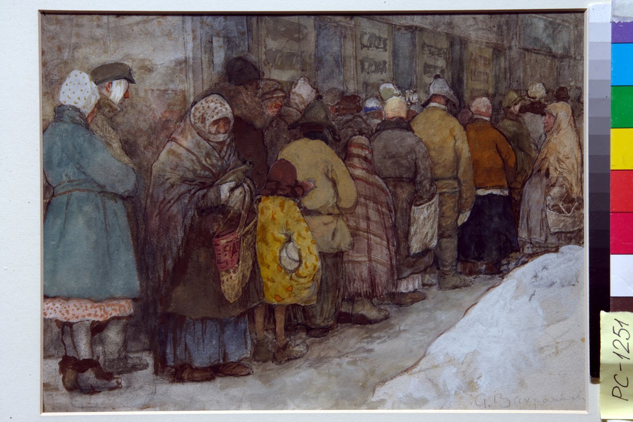 Fronta v Rusku během hladomoru v letech 1920-1921 - Umělecké dílo Alexandra Ivanoviče Vakhramejeva (1874-1926), cca 1921 - Fronta - Akvarel, bílá barva, černá křída na papíře od Alexandra Ivanoviče Vakhramejeva (1874-1926), cca 1921 22 x 29,5 cm - od Alexander Vakhrameyev