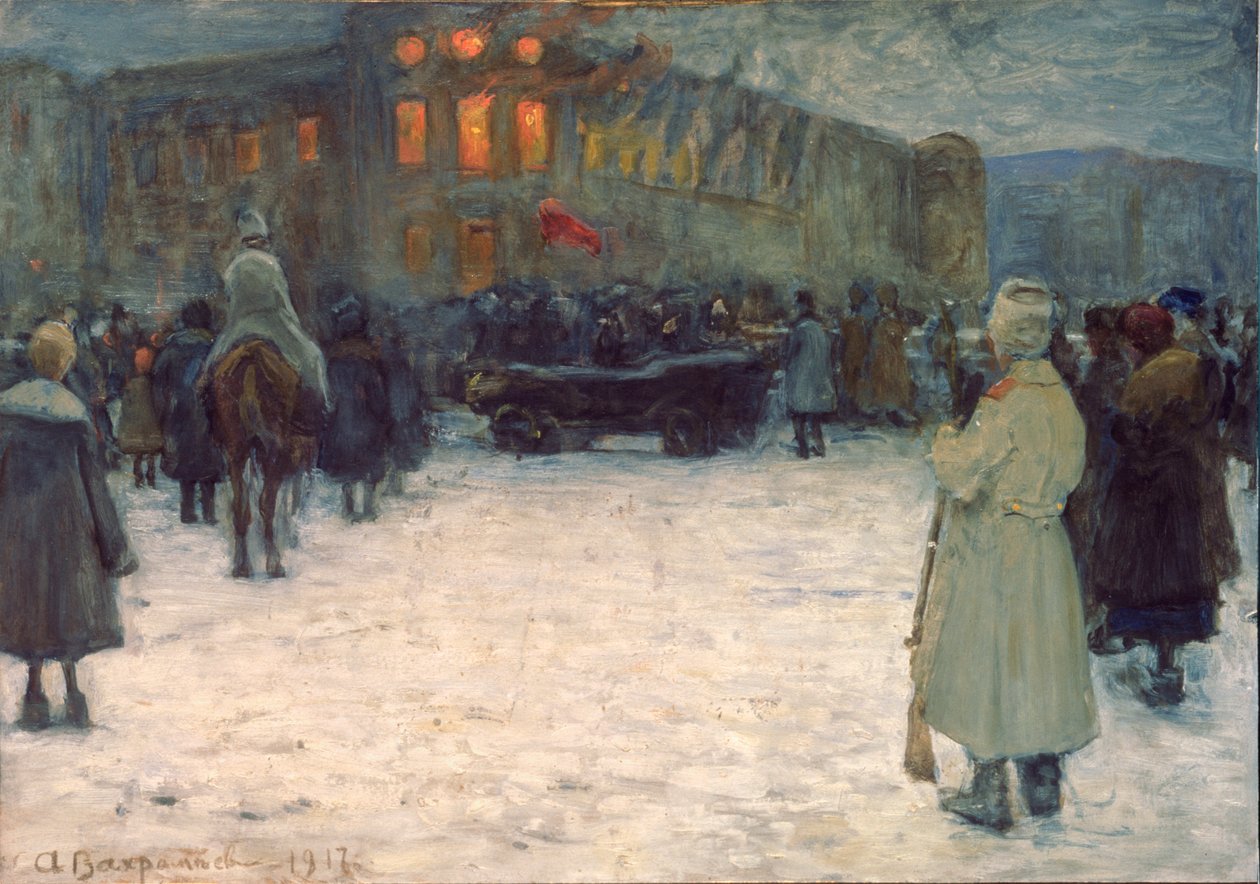 Oheň na litevském zámku, únorová revoluce 1917, Petrohrad - dílo Alexandra Ivanoviče Vakhramejeva (1874-1926), kvaš na papíře od Alexander Vakhrameyev