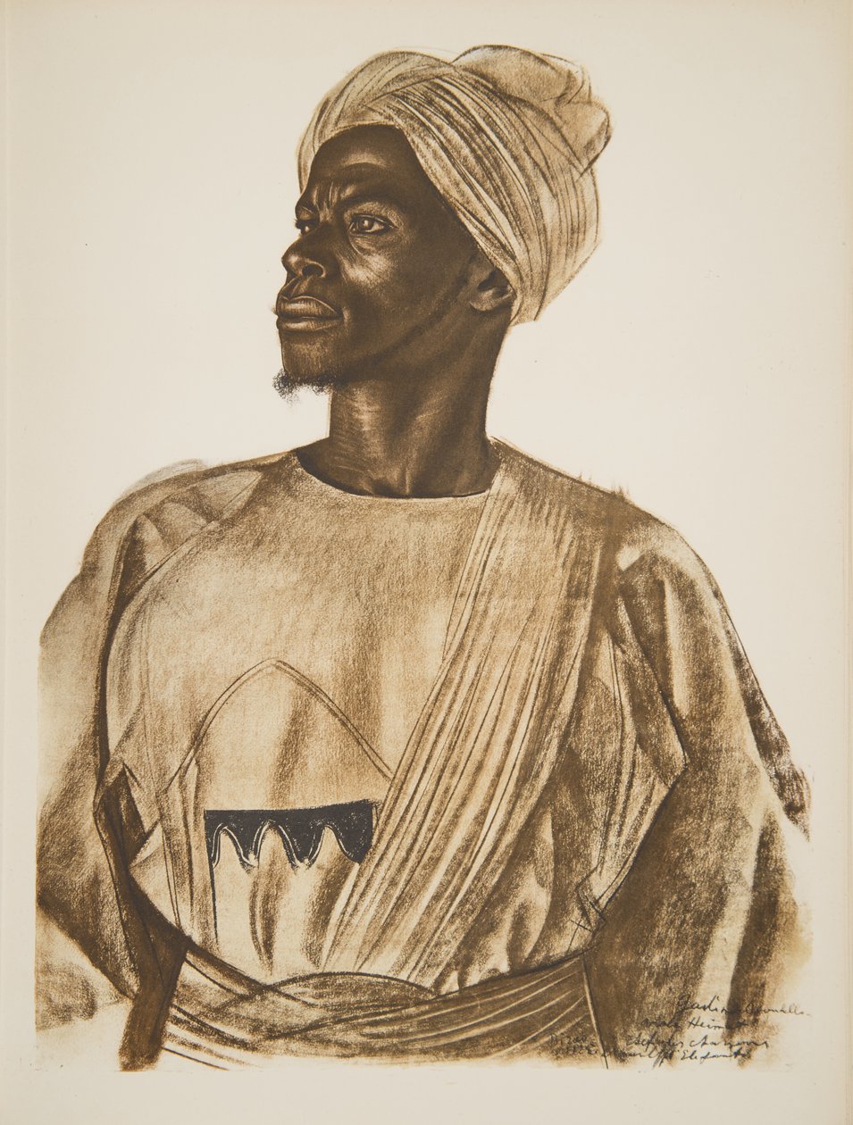 Gadem, lovec slonů (Birao), z Kresby a malby Afriky, popravený během expedice Citroen Centre Afrique, druhá mise Haardt Audouin-Dubreuil, hospoda. Paříž, 1927 (barevně lit od Alexander Yakovlev