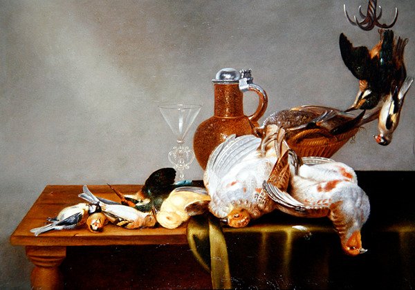 Hra Zátiší mrtvých s koroptvemi a jinými ptáky (olej na desce) od Alexander van Adriaenssen